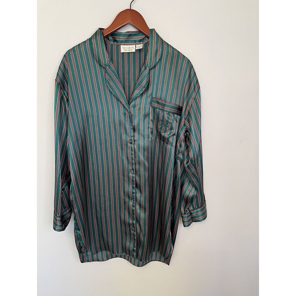 Victoria Secret‎ Vintage Gold Label Satin Button Up Sleep Shirt Green Size M